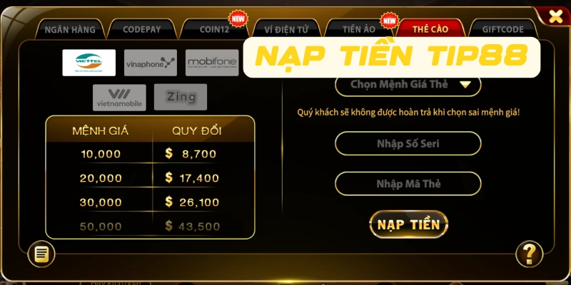 Nạp tiền TIP88 qua thẻ cào